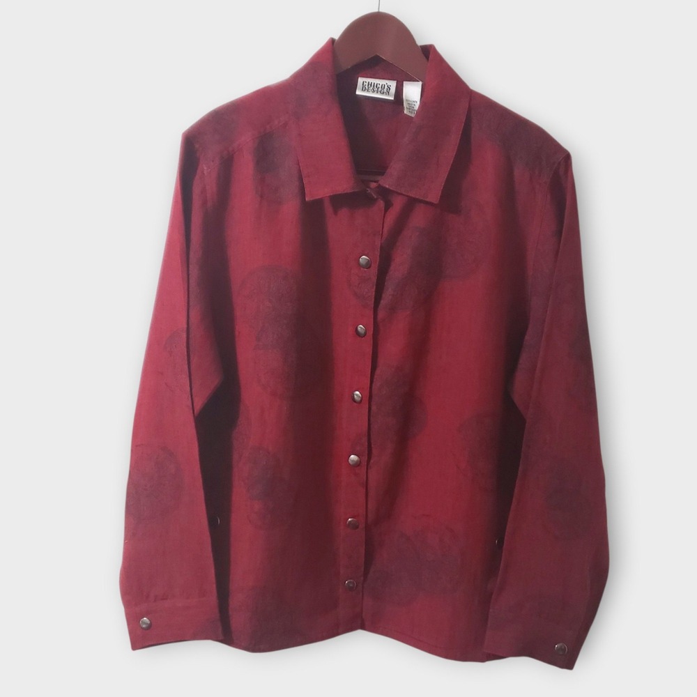 Chicos Design 100% Linen Shacket Red Snap Button Sun Medallion Print Size 3 XL